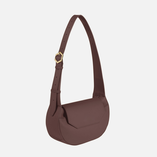 Crossbody Bag Dark Brown side angle showing gold tone hexagonal buckle on the adjustable strap