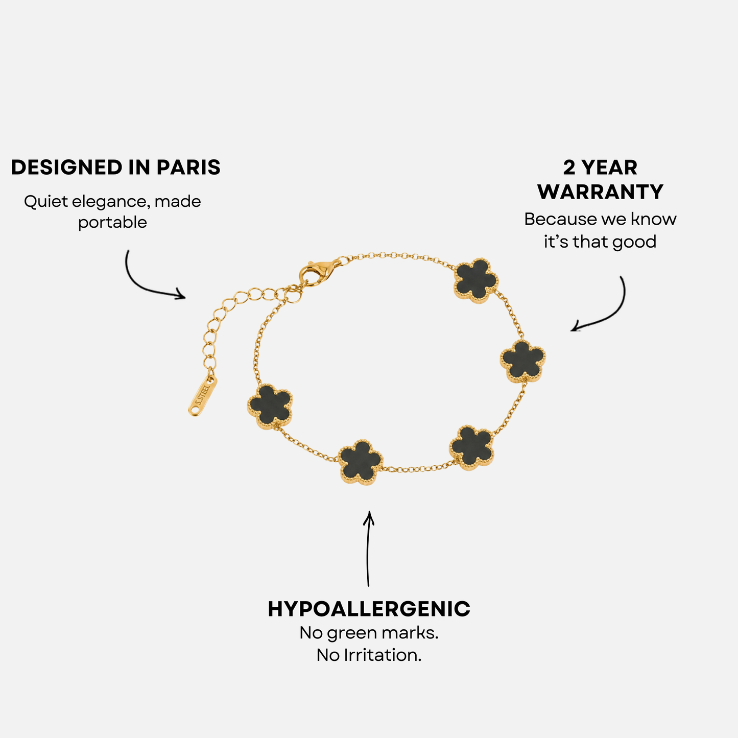 Trèfle Bracelet Gold & Onyx infographic with callouts: designed in Paris, hypoallergenic, 2 year warranty