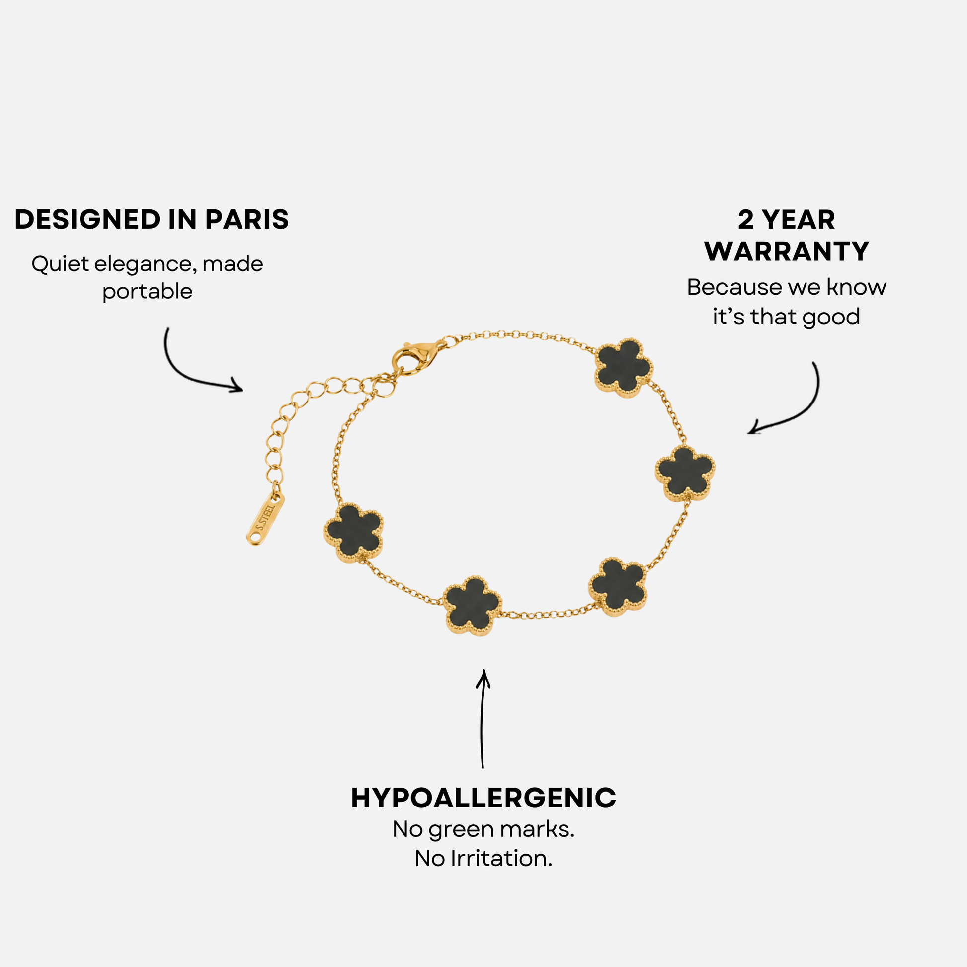 Trèfle Bracelet Gold & Onyx infographic with callouts: designed in Paris, hypoallergenic, 2 year warranty
