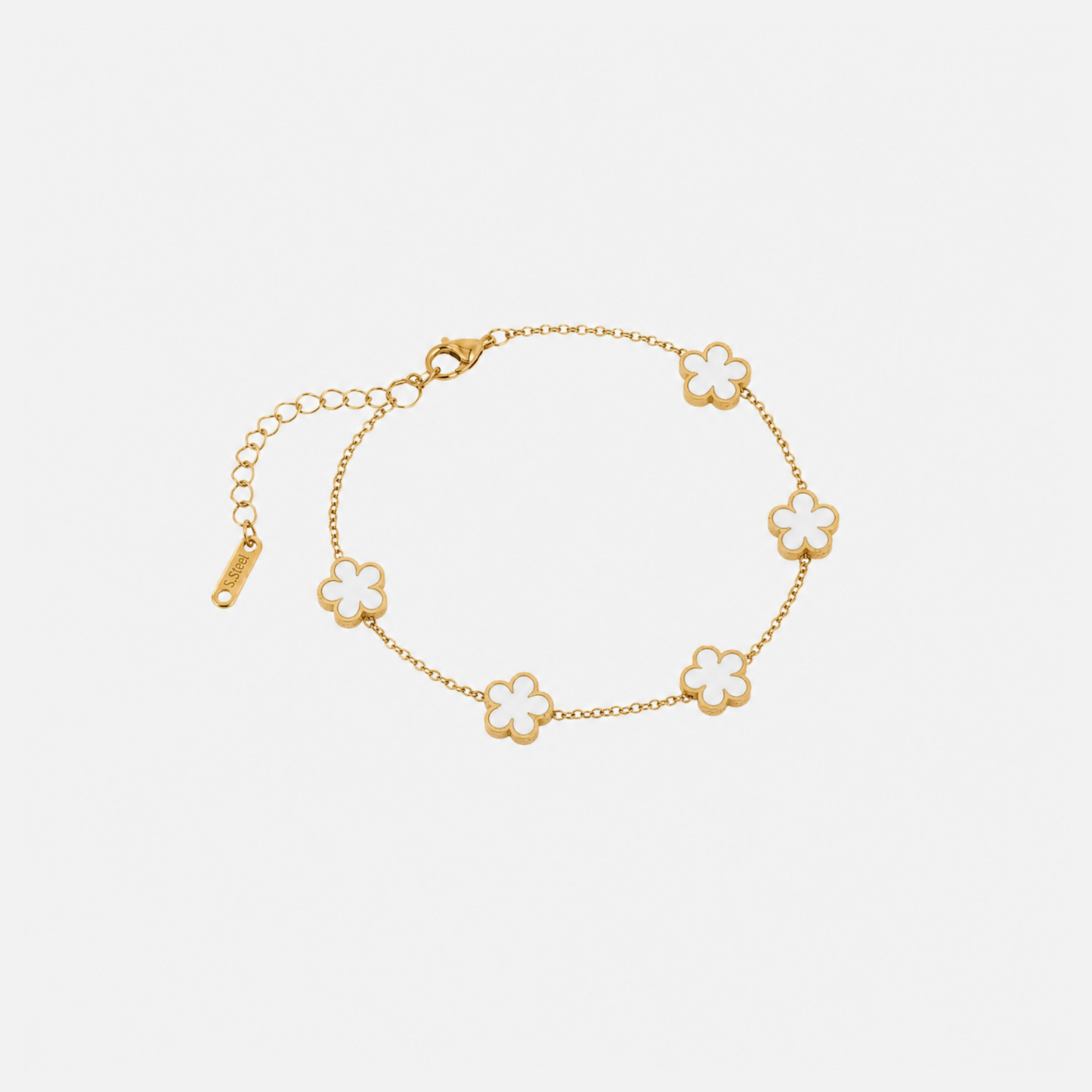 Trèfle Bracelet Gold & Pearl by Vaurie Paris, gold tone chain bracelet with white five-leaf clover charms