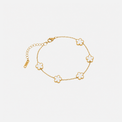 Trèfle Bracelet Gold & Pearl by Vaurie Paris, gold tone chain bracelet with white five-leaf clover charms