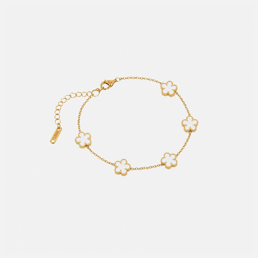 Trèfle Bracelet Gold & Pearl by Vaurie Paris, gold tone chain bracelet with white five-leaf clover charms