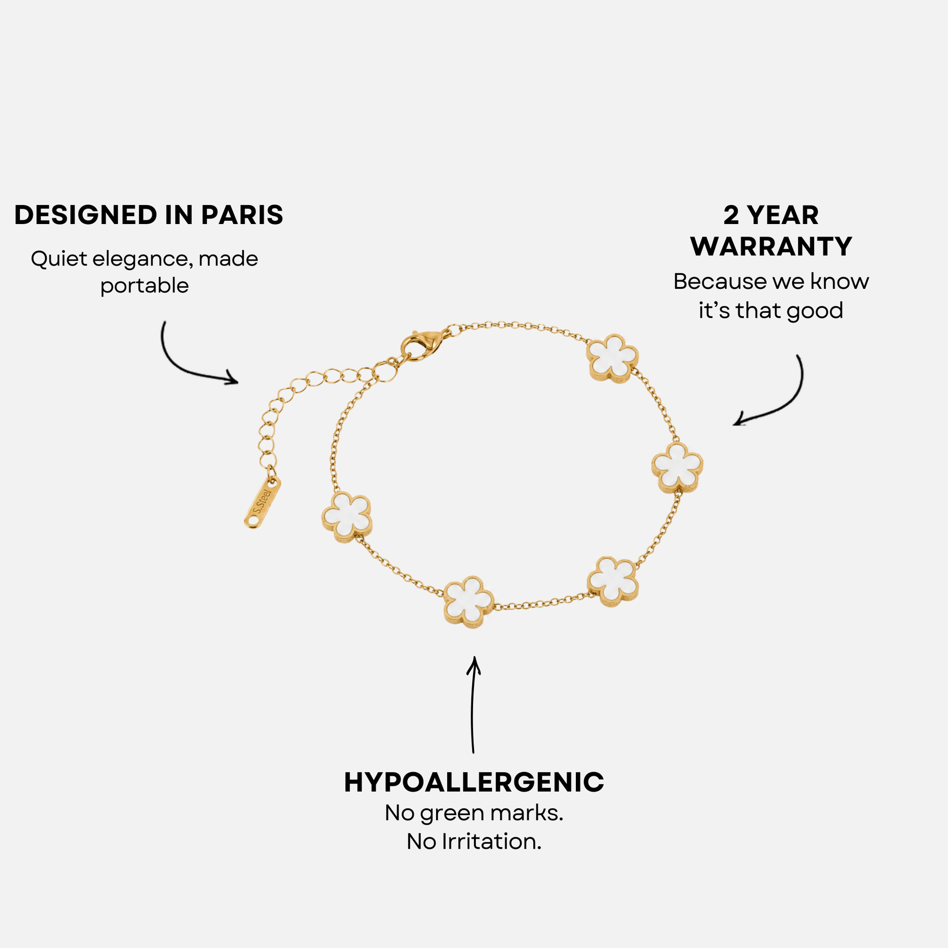 Trèfle Bracelet Gold & Pearl infographic with callouts: designed in Paris, hypoallergenic, 2 year warranty