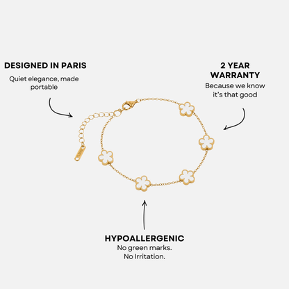 Trèfle Bracelet Gold & Pearl infographic with callouts: designed in Paris, hypoallergenic, 2 year warranty