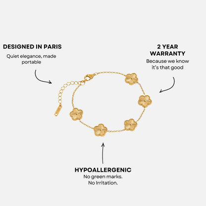 Trèfle Bracelet Gold infographic with callouts: designed in Paris, hypoallergenic, 2 year warranty
