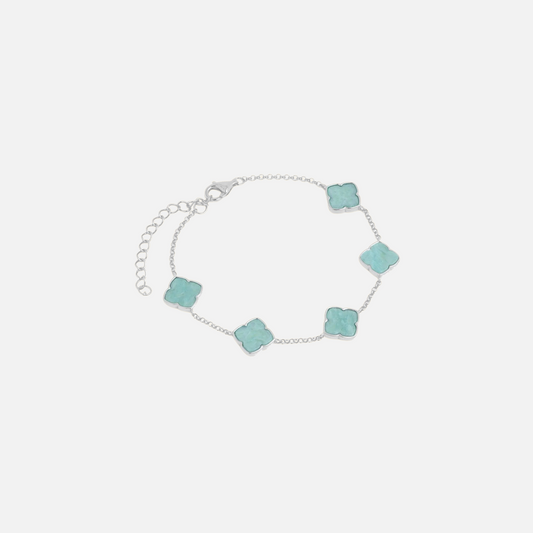 Amaya Aqua Bracelet by Vaurie Paris, silver tone chain bracelet with aqua clover motif stones and extender chain