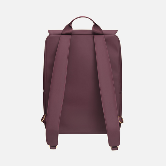 Backpack Plum back view showing wide shoulder straps and top handle in matching plum finish