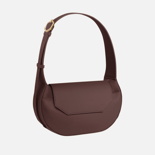 Crossbody Bag Dark Brown by Vaurie Paris, angled view of curved flap bag with adjustable shoulder strap