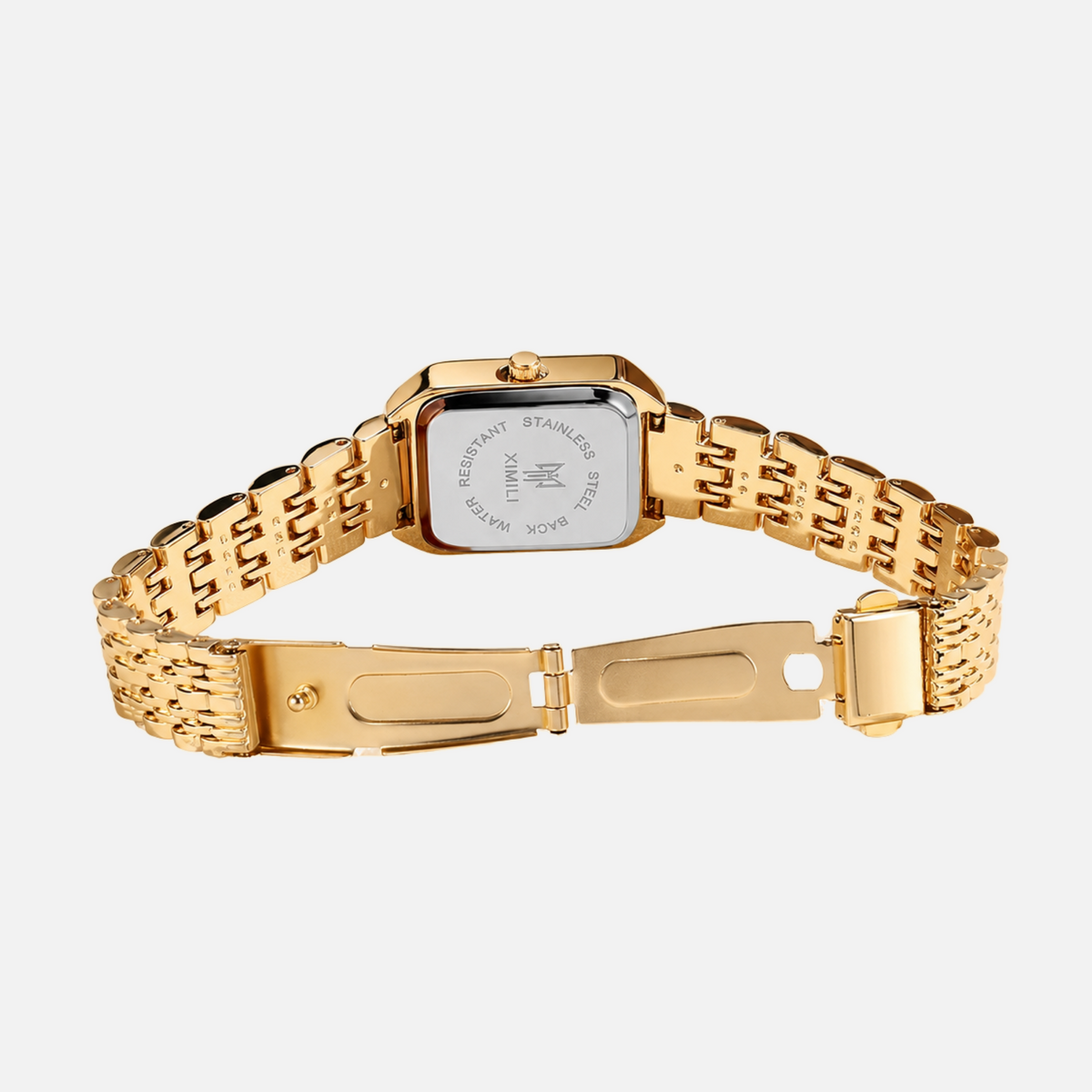Le Marais Watch Forest case back and gold tone bracelet with clasp open, rear view