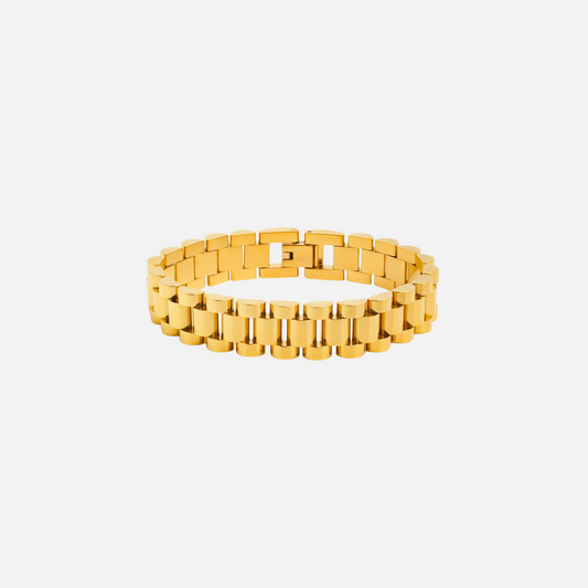 Radiant Shore Bracelet by Vaurie Paris, gold tone link bracelet in watch band style, flat lay on white
