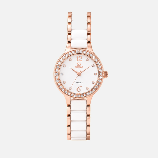 St-Germain Watch Moonlight women's watch by Vaurie Paris, rose gold tone case with clear stone bezel and white dial