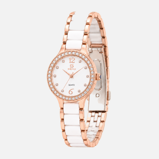 St-Germain Watch Moonlight angled view showing the clear stone bezel and white and rose gold tone bracelet