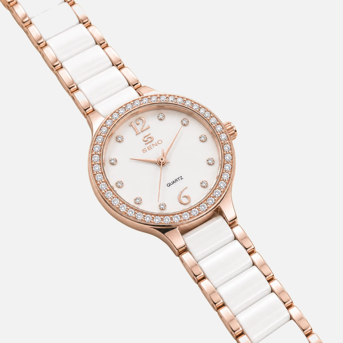 St-Germain Watch Moonlight close-up flat lay of the white dial framed by a clear stone bezel