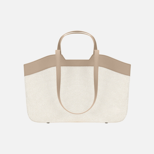 Tote Bag Beige straight-on view of cream tote bag with taupe handles and shoulder straps