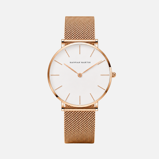 Trocadéro Watch Blush women's watch by Vaurie Paris, rose gold tone mesh strap and minimalist white dial