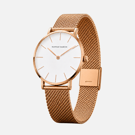 Trocadéro Watch Blush angled view of the slim round case, white dial and rose gold tone mesh band